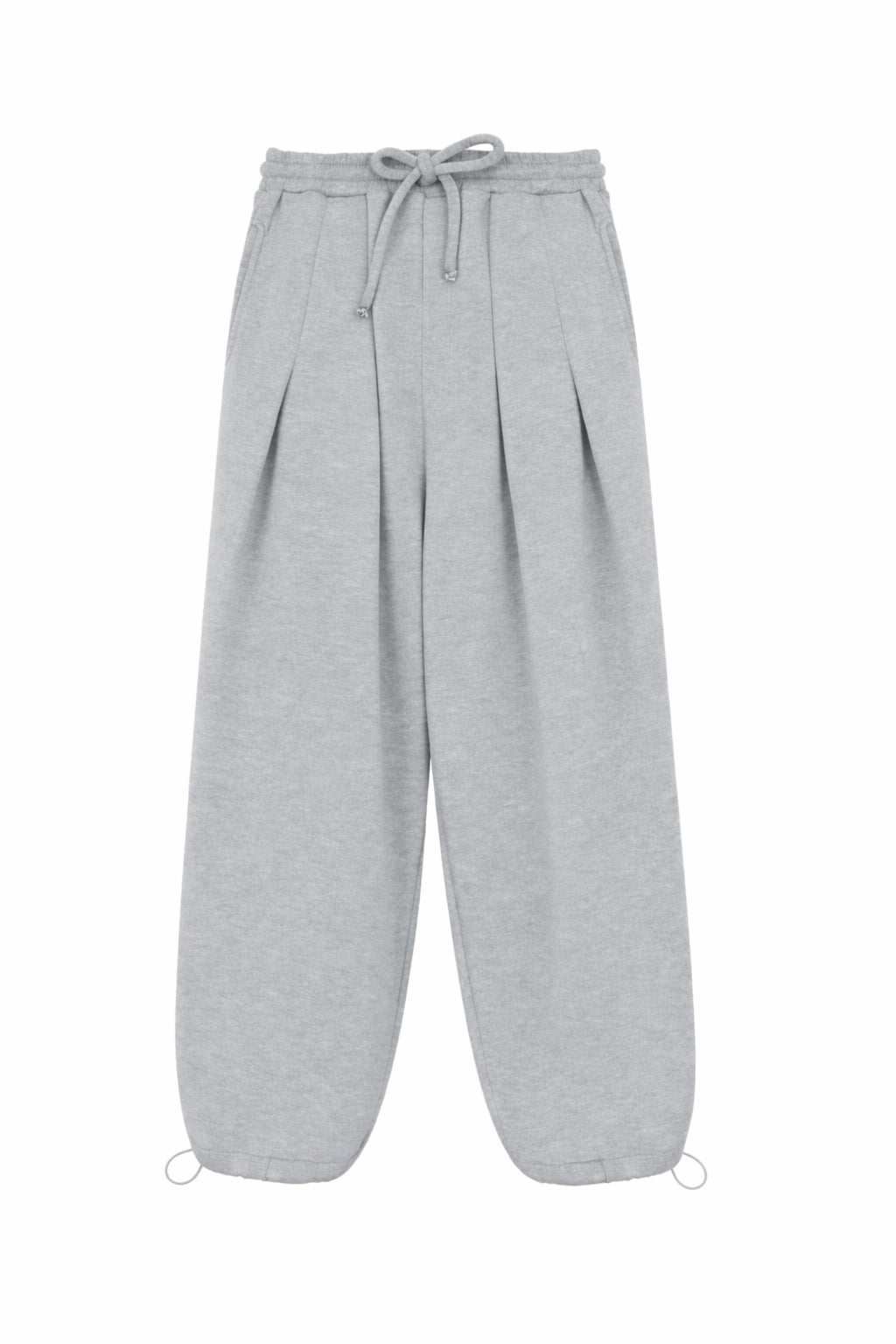 Light gray pleated sweatpants with an elastic drawstring waist and adjustable ankle ties, shown flat against a white background.